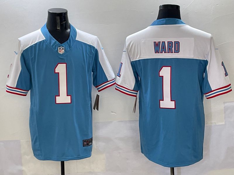 Men 2025 Tennessee Titans 1 Ward Light Blue white Throwback Three generations Nike Limited NFL Jersey style 3